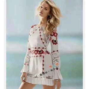 For Love & Lemons White Lace Longsleeve Peach & Burgundy Embroidered Dre…